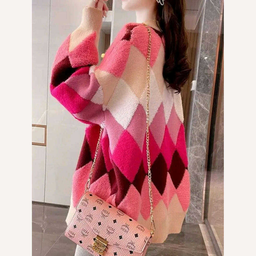 Argyle Cardigan Women Knitted Sweater Loose Single Breasted Students V-neck Lovely Knitwear Korean Oversize Cardigan Winter Tops