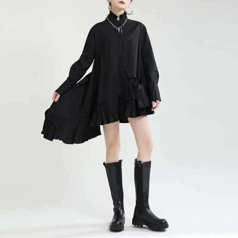 Autumn clothes for women2023New product stand-up collar hem pleated French shirt skirt irregular loose large hem dress