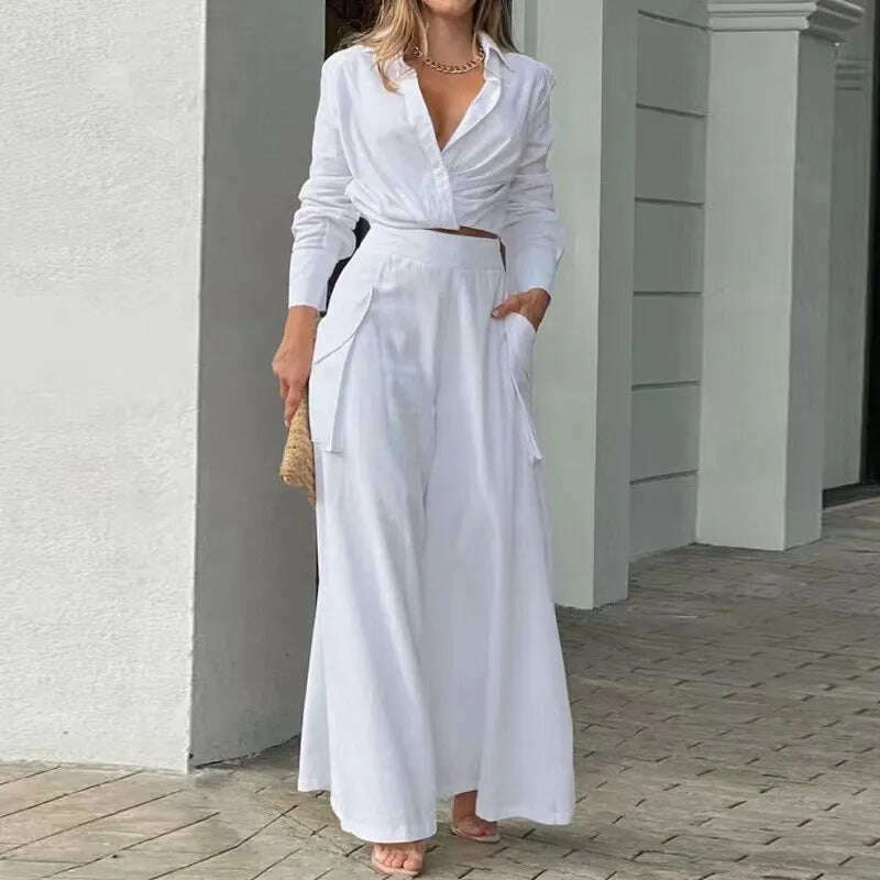 Autumn New Women's Sets Casual Solid Color Long Sleeves Shirts High Waist Wide-leg Pants Two-piece Sets Commute Elegant Clothing