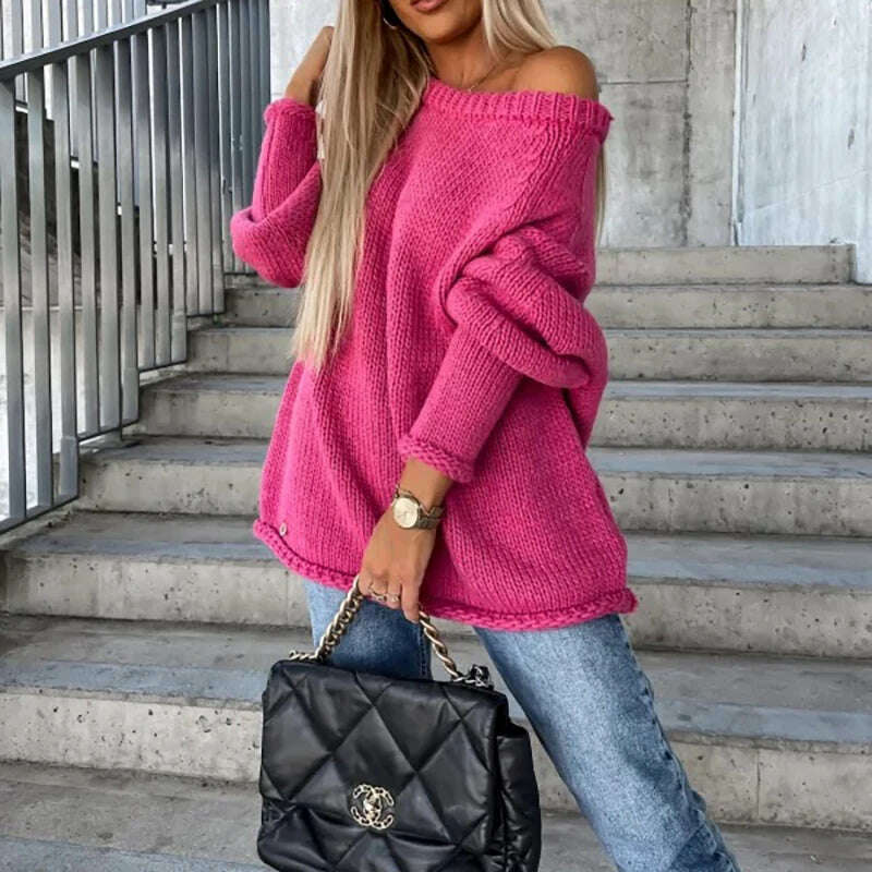 Autumn Winter Commute Loose Off-shoulder Sweater Female Solid Color Long Sleeves O Neck Knitted Pullovers Fashion Party Blouses