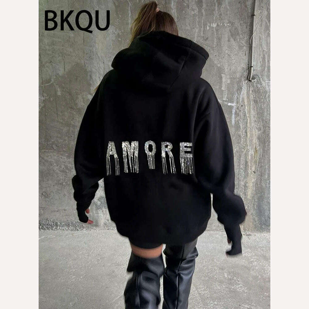 BKQU Hoodie Women Letter Rhinestones Oversized Sweatshirt 2023 Autumn Winter Diamonds Chain Tassel Hooded Sweatshirts Streetwear