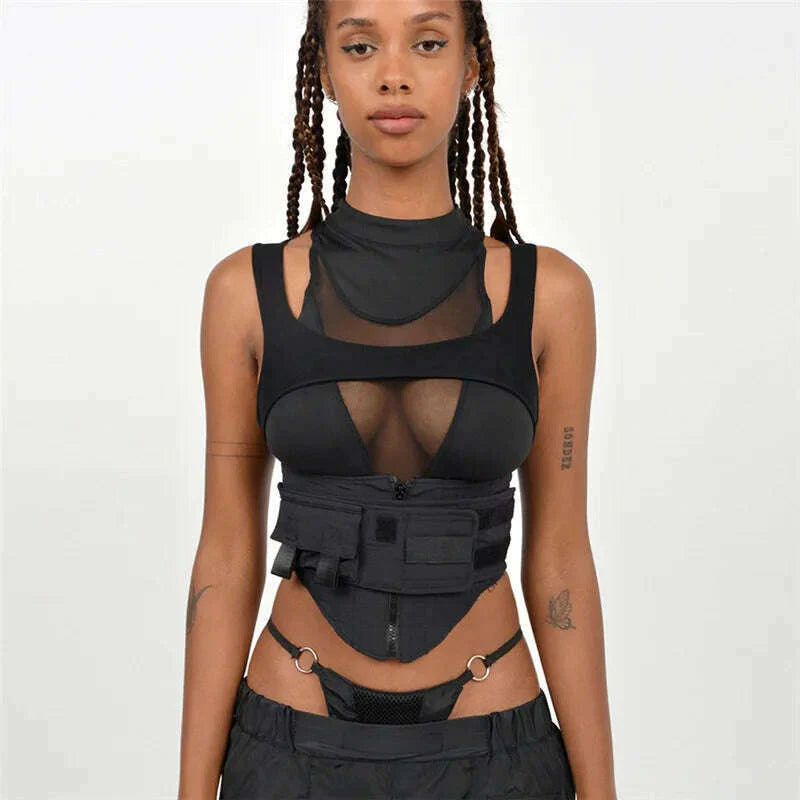 BOOFEEN Street Fashion Sexy Black Cropped Tank Top See Through Mesh Patchwork Techwear Sleeveless Tshirts for Women C87-EZ25