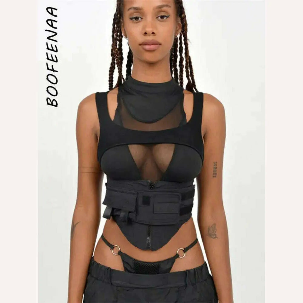 BOOFEEN Street Fashion Sexy Black Cropped Tank Top See Through Mesh Patchwork Techwear Sleeveless Tshirts for Women C87-EZ25