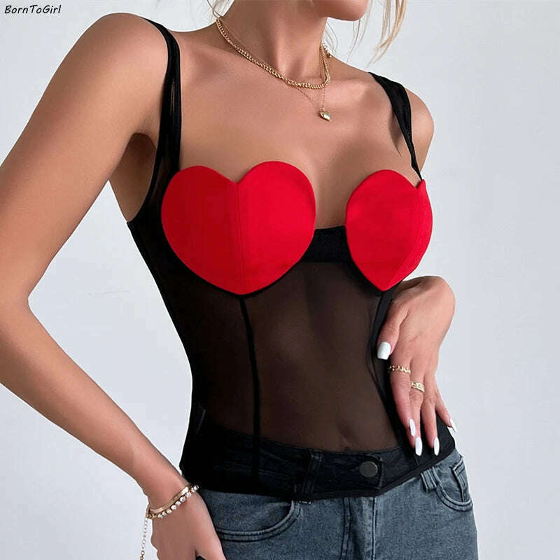 BornToGirl Women's Y2K Streetwear Sleeveless Sexy Perspective Mesh Sling Black Red Love Crop Top Tank Tops