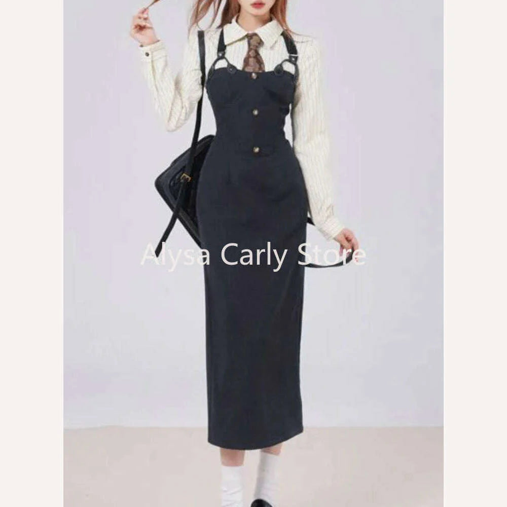 British Style 3 Piece Dress Set Women Long Sleeve Chic Coat + White Stripe Shirt + Casual Long Dress Elegant Office Lady Suits