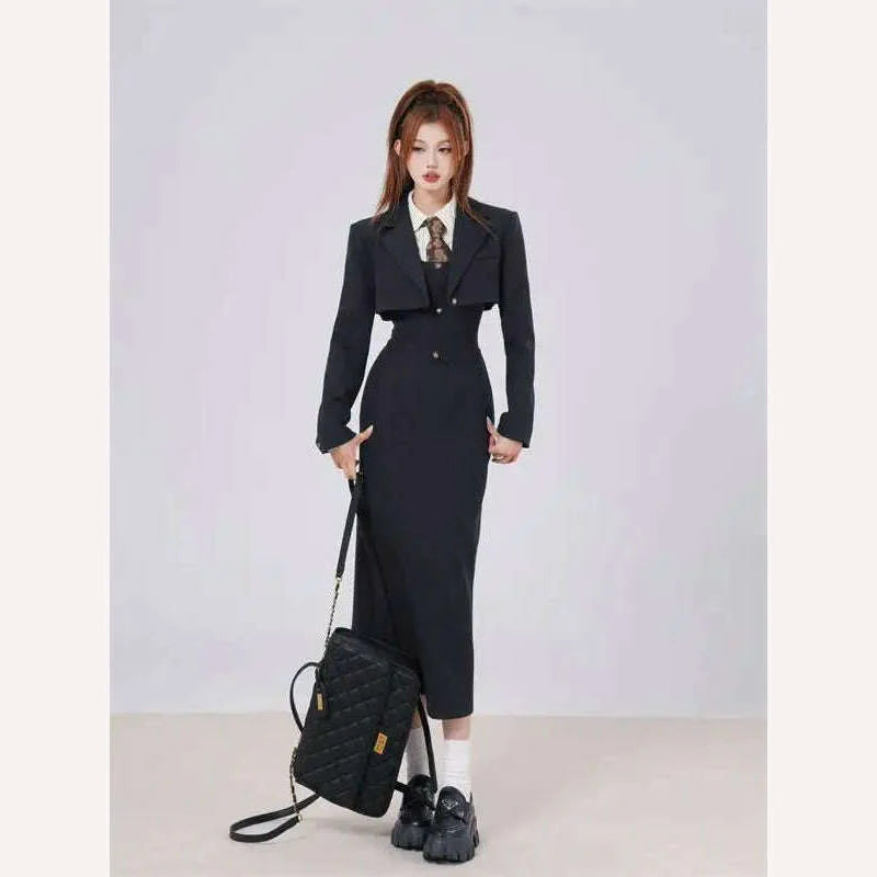 British Style 3 Piece Dress Set Women Long Sleeve Chic Coat + White Stripe Shirt + Casual Long Dress Elegant Office Lady Suits