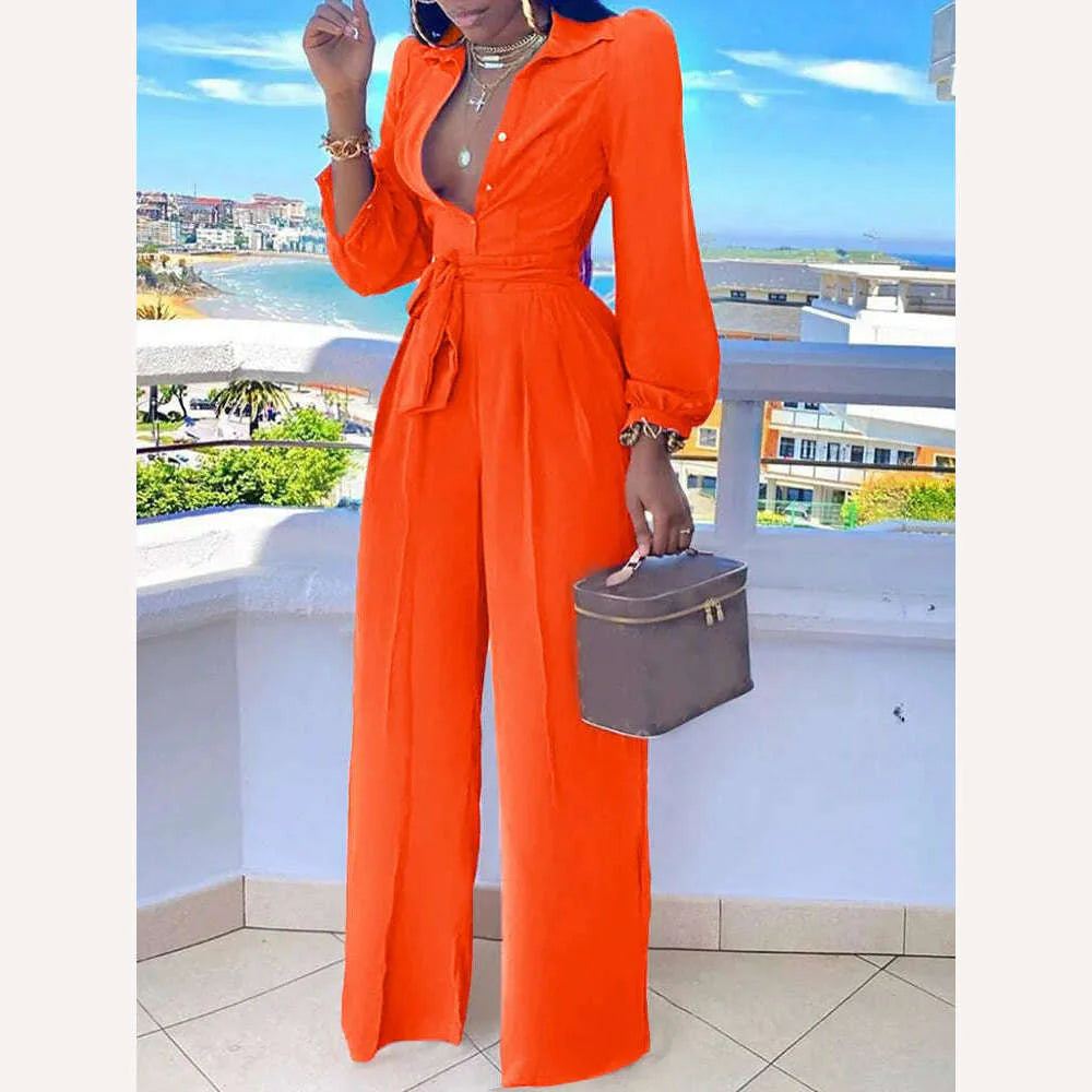 Casual Jumpsuit For Women Spring Summer 2023 New Fashion Solid Color Lace Up Shirt Collar Two-Piece Suit Jumpsuits