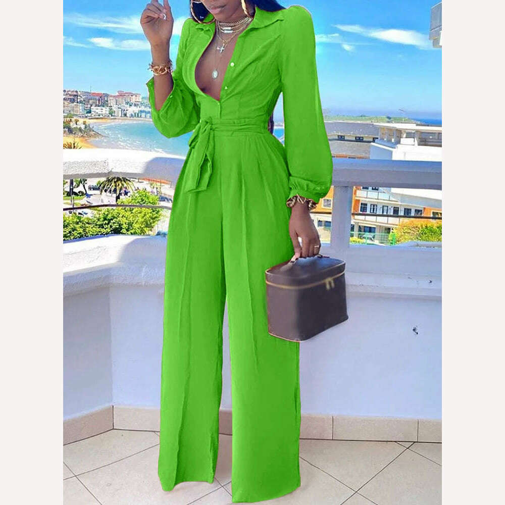 Casual Jumpsuit For Women Spring Summer 2023 New Fashion Solid Color Lace Up Shirt Collar Two-Piece Suit Jumpsuits