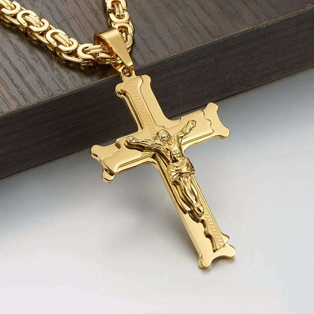 Christian Jesus Cross Pendant Necklaces Thick Link Byzantine Chain Stainless Steel Men Necklace Jewelry Gift 18-30"