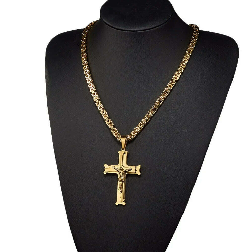 Christian Jesus Cross Pendant Necklaces Thick Link Byzantine Chain Stainless Steel Men Necklace Jewelry Gift 18-30″