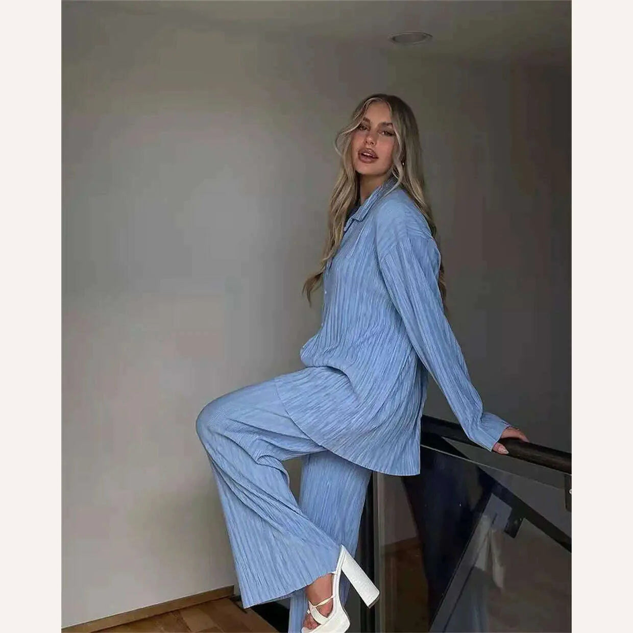 CM.YAYA Pleated Women's Set Long Sleeve Shirt Tops and Straight Wide Leg Pants Elegant Tracksuit Two 2 Piece Set Fitness Outfits