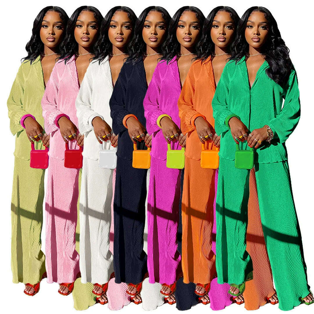 CM.YAYA Street Women's Set Long Sleeve Shirt Tops and Wide Leg Pants Elegant Tracksuit Two Piece Set Sweatsuit Fitness Outfits