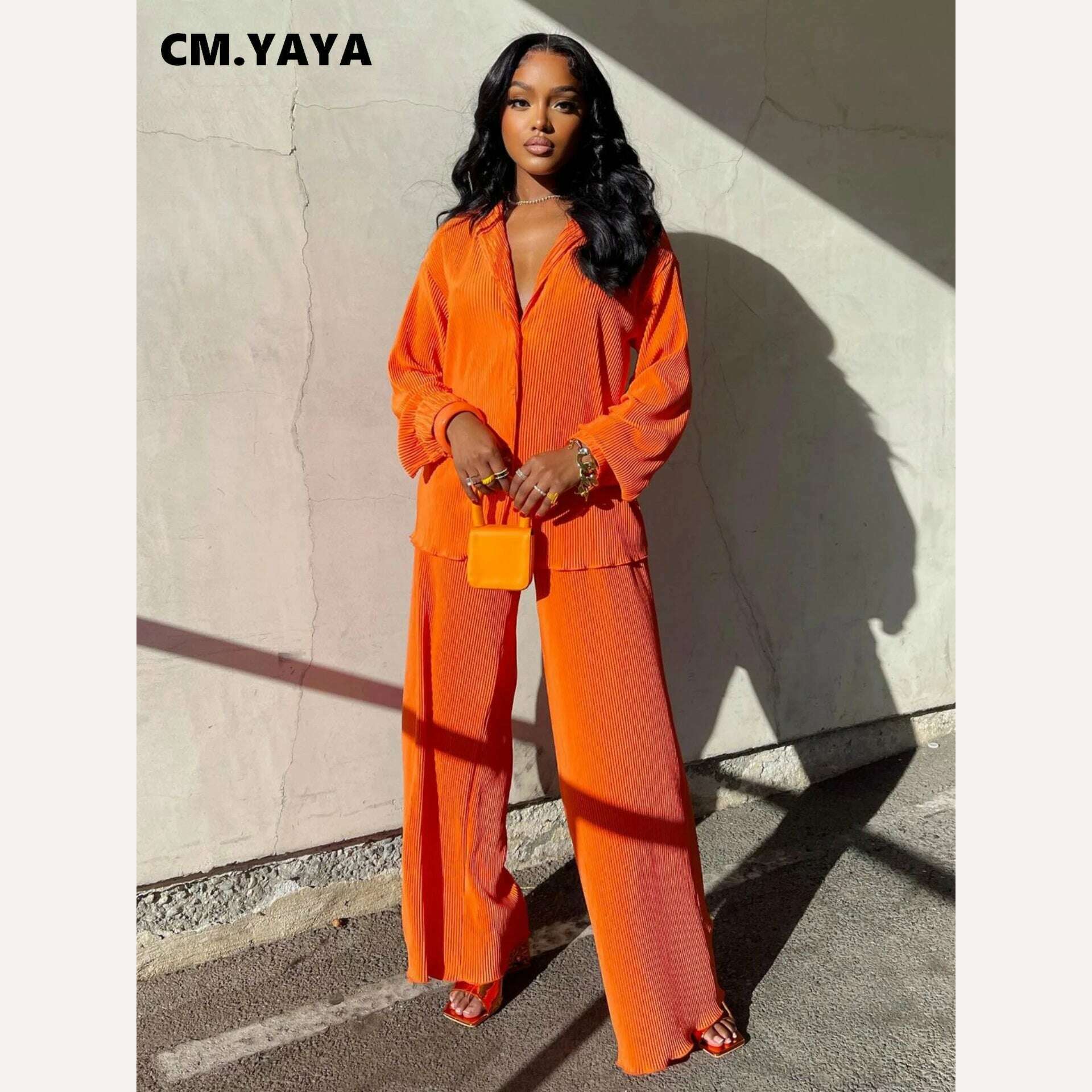 CM.YAYA Street Women's Set Long Sleeve Shirt Tops and Wide Leg Pants Elegant Tracksuit Two Piece Set Sweatsuit Fitness Outfits