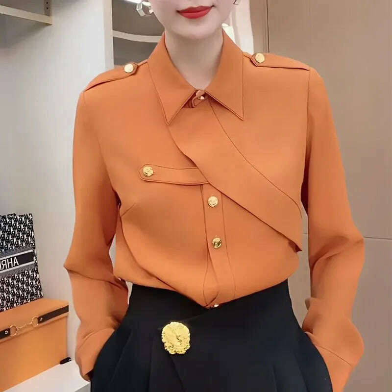 Commute Solid Color Stylish Asymmetrical Shirt Female Clothing Spliced Chic Single-breasted Spring Autumn Polo-Neck Loose Blouse