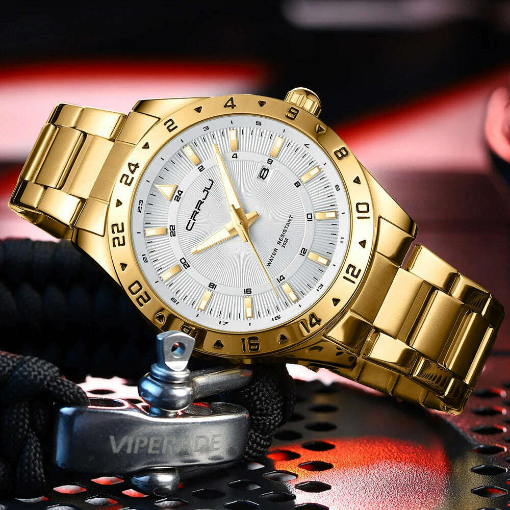 CRRJU Fashion Watch Men Stainless Steel Top Brand Luxury Waterproof Luminous Wristwatch Mens Watches Sports Quartz Date