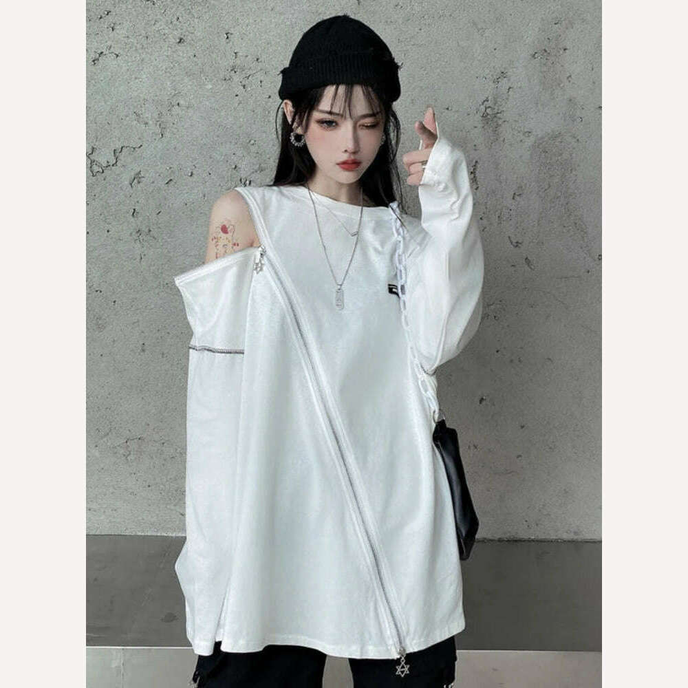 Deeptown Y2K Techwear Zip Up T Shirts Women Harajuku Punk Off Shoulder Tee Loose O-neck Long Sleeve Sexy Tops Hip Hop Streetwear