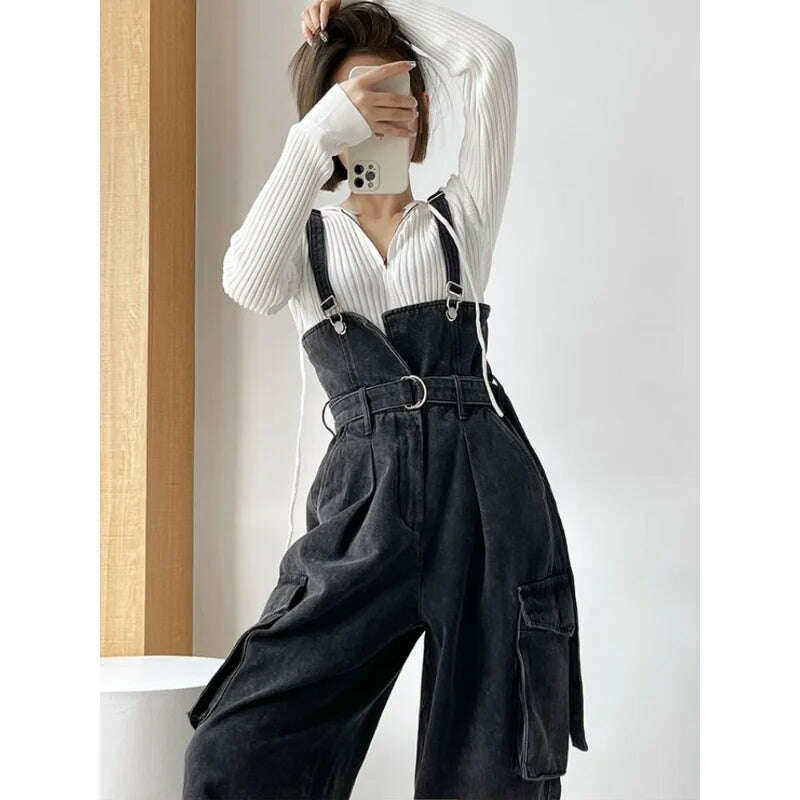 Denim Jumpsuits Women High Waisted Cargo Trousers American Streetwear Teens Personal Hipsters Pure Big Pockets Washed Clothes
