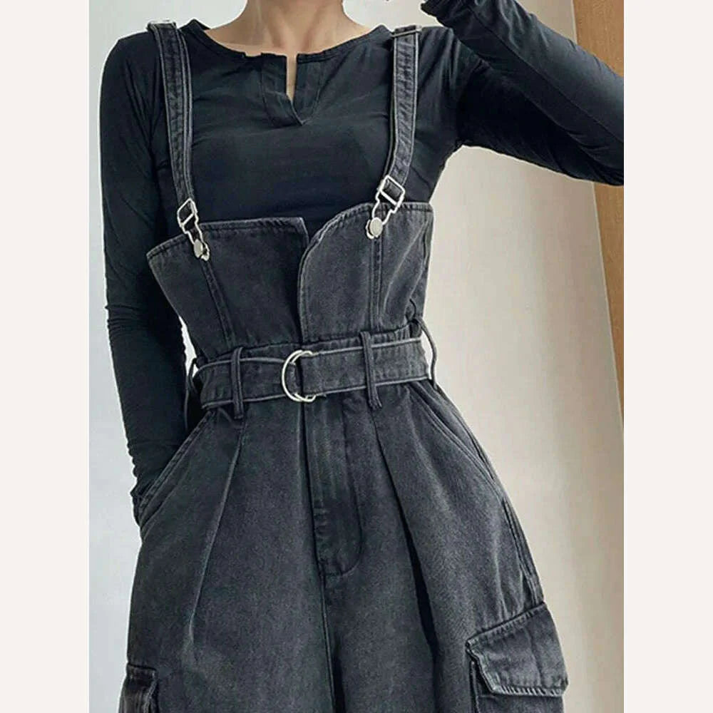 Denim Jumpsuits Women High Waisted Cargo Trousers American Streetwear Teens Personal Hipsters Pure Big Pockets Washed Clothes