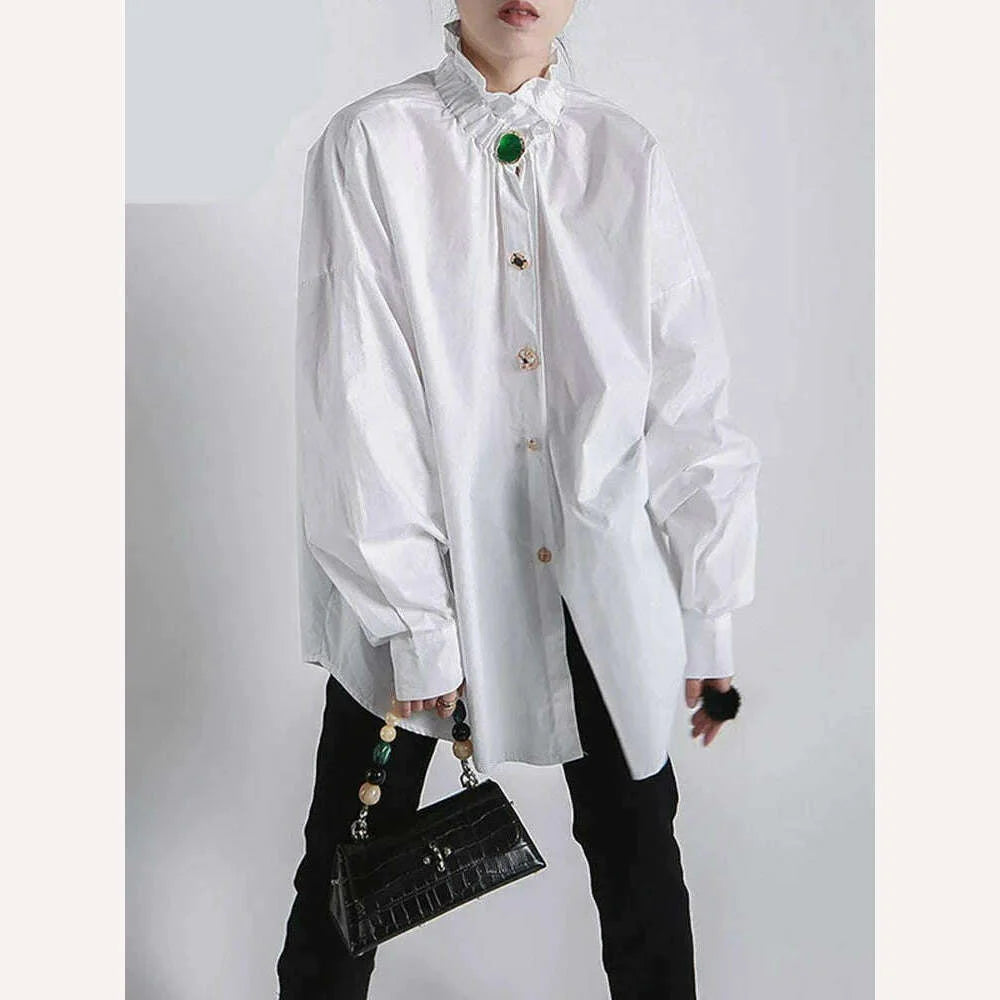 [EAM] Women Big Size Button Decoration Blouse New Stand Collar Long Sleeve Loose Fit Shirt Fashion Spring Autumn 2024 1DD3478
