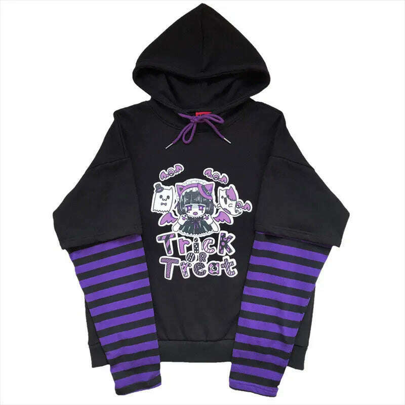 Emo Sweatshirt Hoodie Women Cartoon Goth Aesthetic Hooded Sweatshirt Teen Spring Fairy Grunge Striped Y2k Clothes Egirl Alt Top