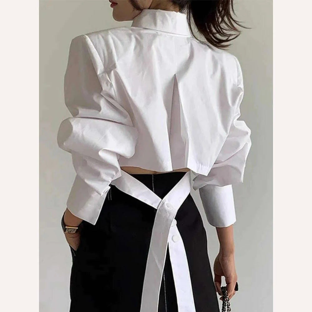 [EWQ] Hollow Out Bandage Buckle Shirt Women Long Sleeve Single Breasted Blusas 2023 Autumn Winter New Fashion White Top 16U3824