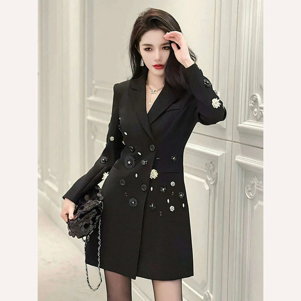 Exquisite Luxury Black Suit Coat Women's French Diamond Sequin Flower OL Professional Business Jacket Femme Outerwear Party Tops