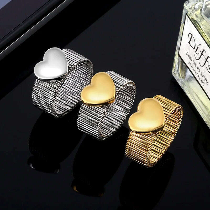Fashion Love Heart Mesh Rings Charm Reticulate Shiny Stainless Steel Round OL Finger Ring For Men Women Wedding Party Jewelry