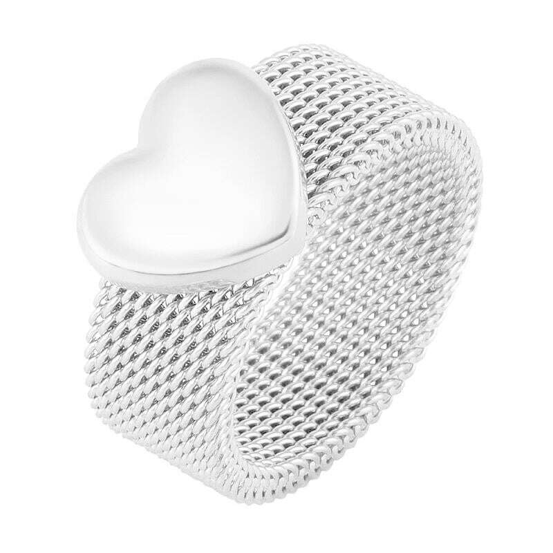 Fashion Love Heart Mesh Rings Charm Reticulate Shiny Stainless Steel Round OL Finger Ring For Men Women Wedding Party Jewelry