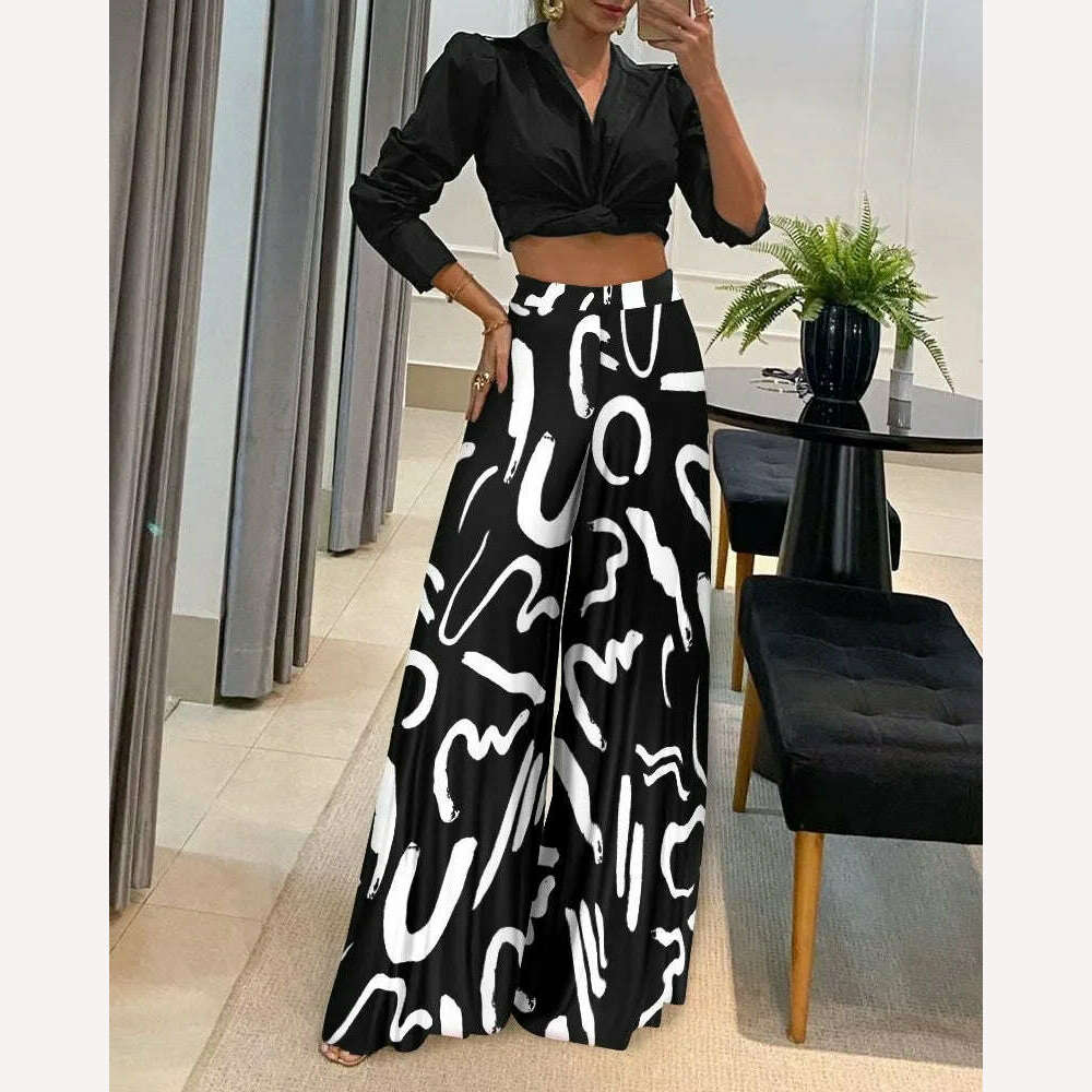Fashion Sets 2022 Autumn European and American Style Street Trendy Women's Embossed Polyester Shirt High Waist Casual Pants Set