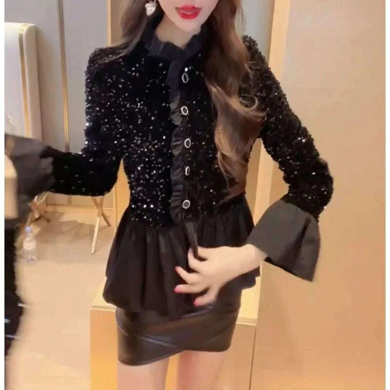 Fashion Splicing Sequin Jacket Women Single-breasted Plicated Long Sleeve Tops Female Spring Casual Solid Black Coat