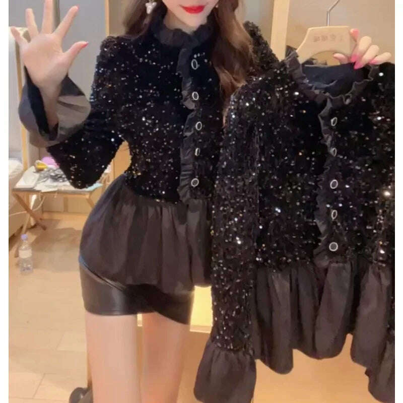 Fashion Splicing Sequin Jacket Women Single-breasted Plicated Long Sleeve Tops Female Spring Casual Solid Black Coat