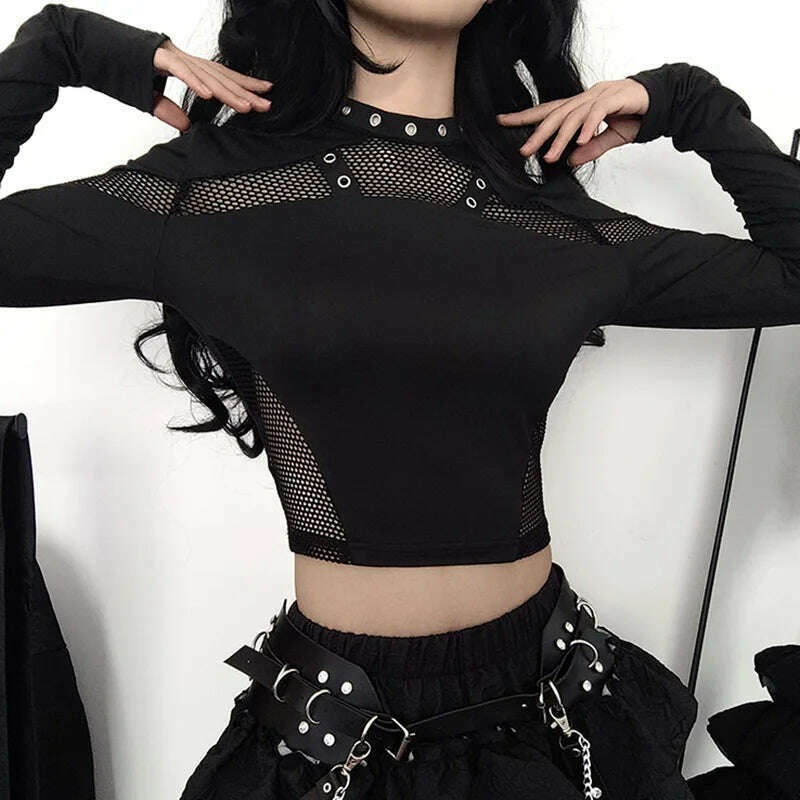 Goth Dark Techwear Cyber Gothic Fishnet Patches T-shirts Punk Grunge Hollow Out Skinny Crop Tops Black Eyelet Fashion Alt Clothe