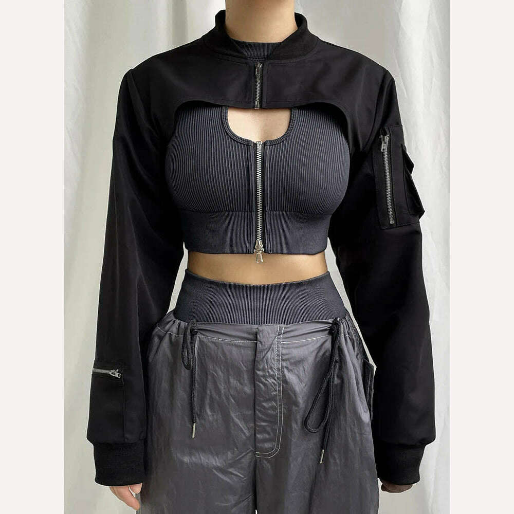 HEYounGIRL Super-short Black Jacket Zipper Long Sleeve Harajuku Cropped Tshirt Gothic Techwear Fashion Korean Tee Punk Street