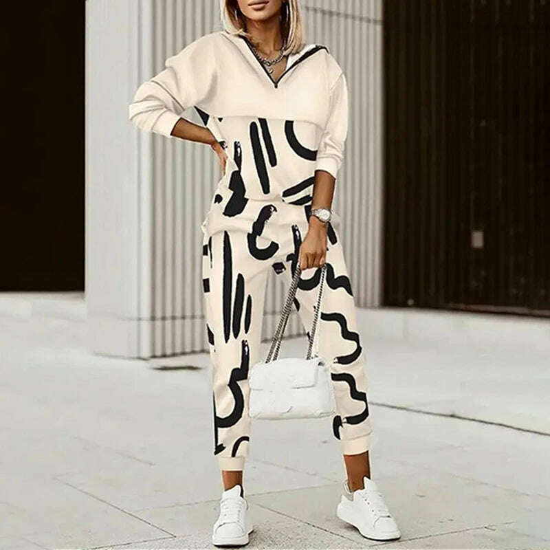 Hooded Tops Elastic Waist Pants Casual Two Piece Set Vintage Printing Slim Fit Outfit Elegant Women Streetwear 2Pcs Matching Set