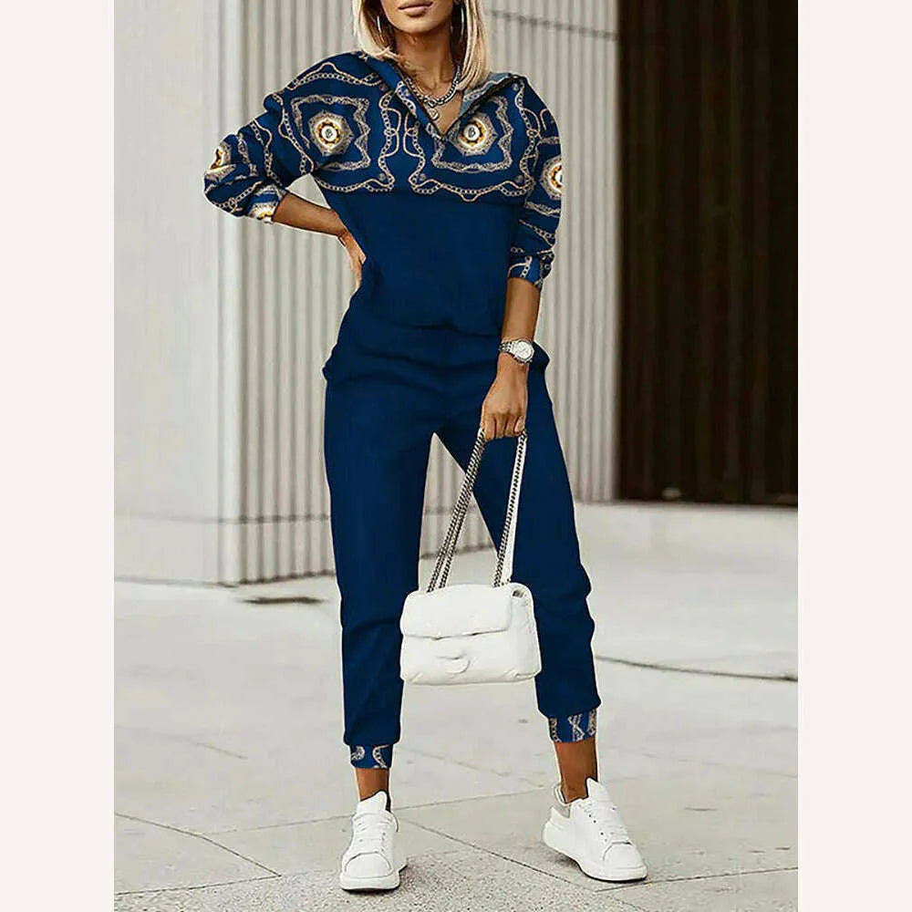 Hooded Tops Elastic Waist Pants Casual Two Piece Set Vintage Printing Slim Fit Outfit Elegant Women Streetwear 2Pcs Matching Set