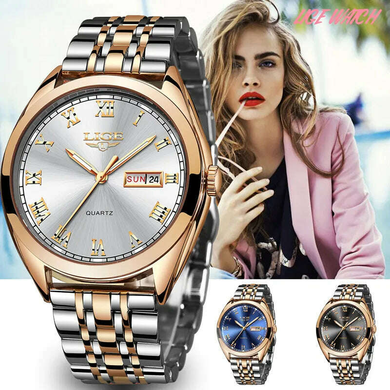 LIGE Fashion Women Watches Ladies Top Brand luxury Waterproof Gold Quartz Watch Women Stainless Steel Date Wear Gift Clock 2021