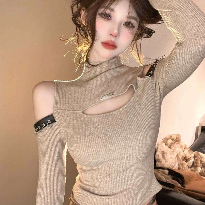 Long Sleeve T-shirts Women Hollow Out Spliced Slim-fit Sexy Autumn Turtleneck All-match Off Shoulder Hot Girls Streetwear Soft