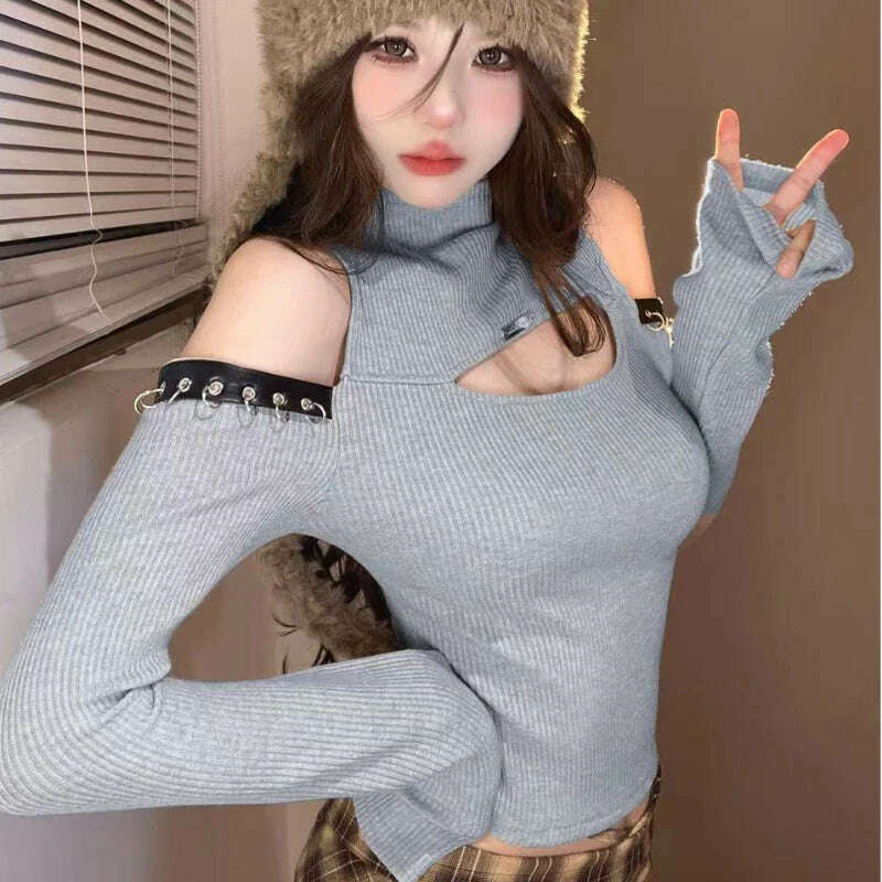 Long Sleeve T-shirts Women Hollow Out Spliced Slim-fit Sexy Autumn Turtleneck All-match Off Shoulder Hot Girls Streetwear Soft