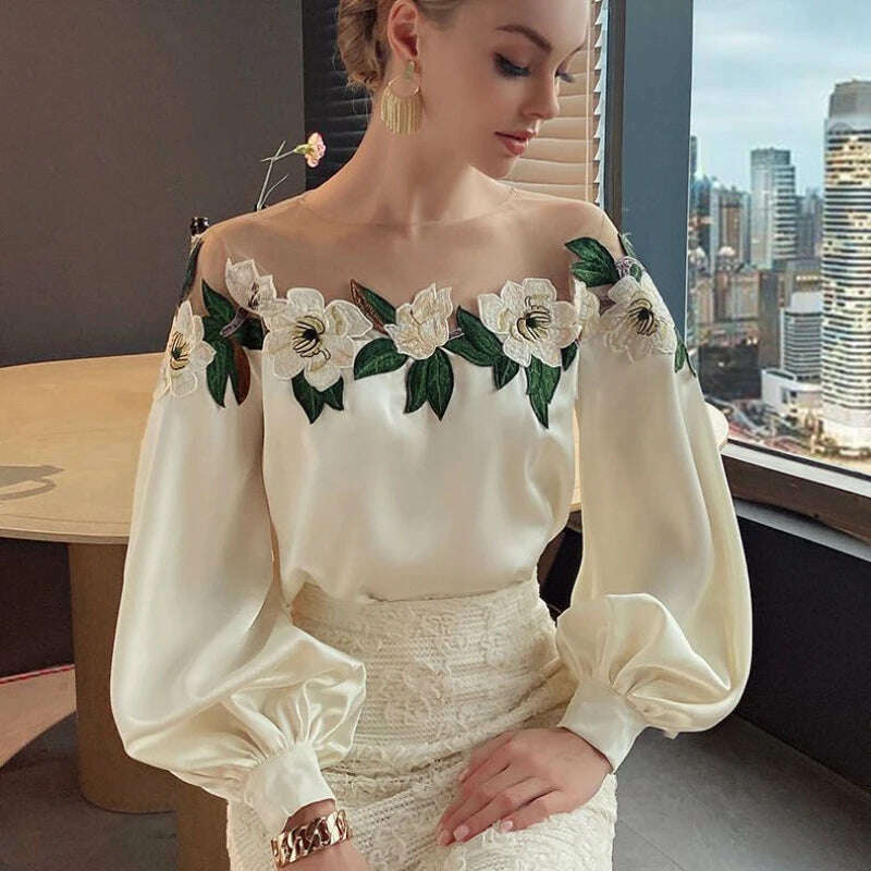 Luxury Flowers Embroidery Mesh Stitching Satin Shirt Sweet Long Sleeved Faux Silk Blouses Loose OL Gauze Glossy Crop Tops Blusas