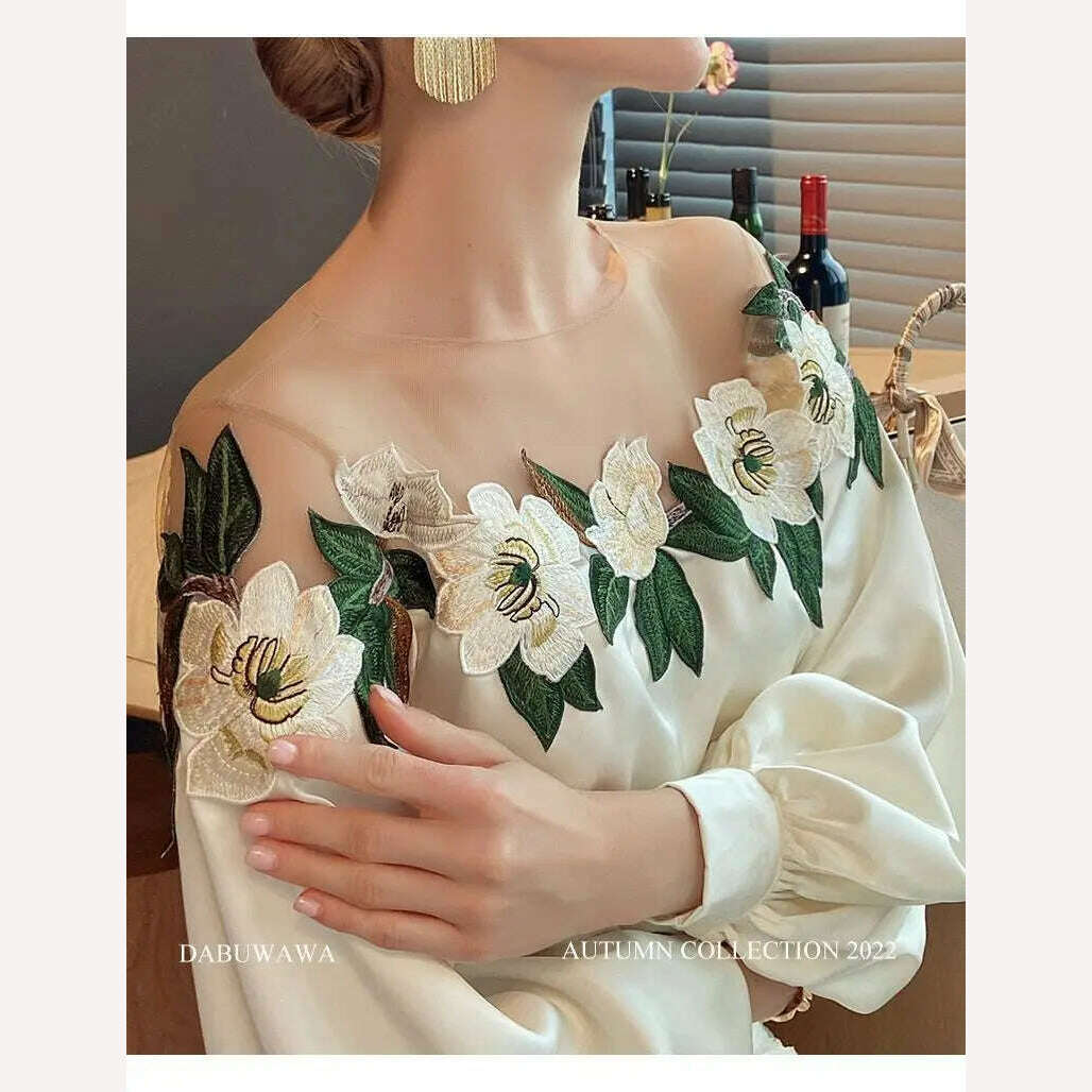 Luxury Flowers Embroidery Mesh Stitching Satin Shirt Sweet Long Sleeved Faux Silk Blouses Loose OL Gauze Glossy Crop Tops Blusas