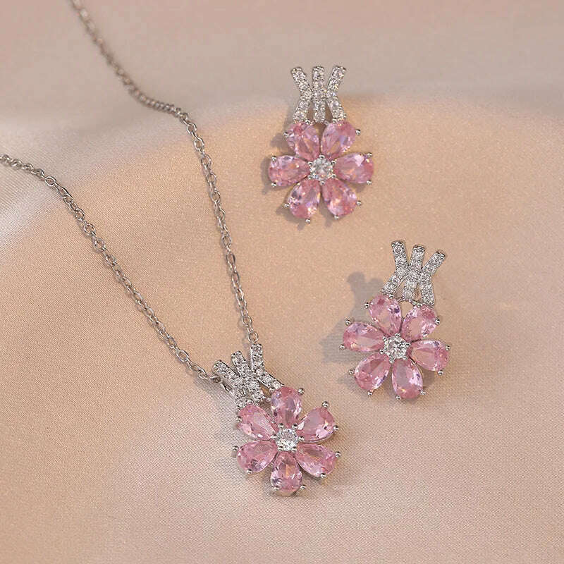 Luxury Pink Zircon Big Flower Stud Earrings and Pendants Stainless Steel Chains Necklaces For Women Bridal Birthday Jewelry Sets