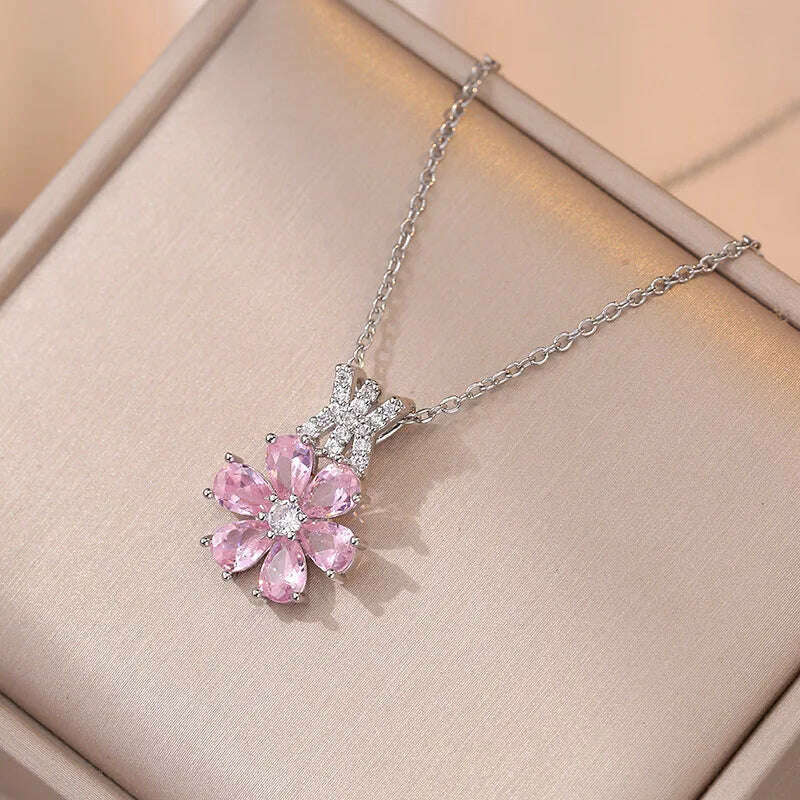 Luxury Pink Zircon Big Flower Stud Earrings and Pendants Stainless Steel Chains Necklaces For Women Bridal Birthday Jewelry Sets