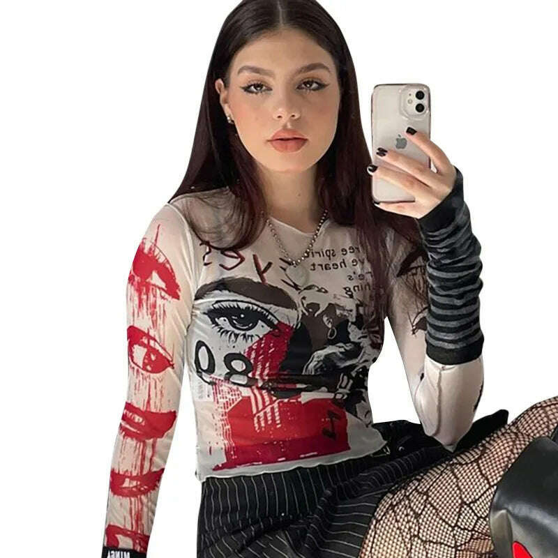 Mesh Gothic Aesthetic See Through Women T-shirts Grunge Sexy Printed Bodycon Crop Tops Punk E-girl Long Sleeve Clothes