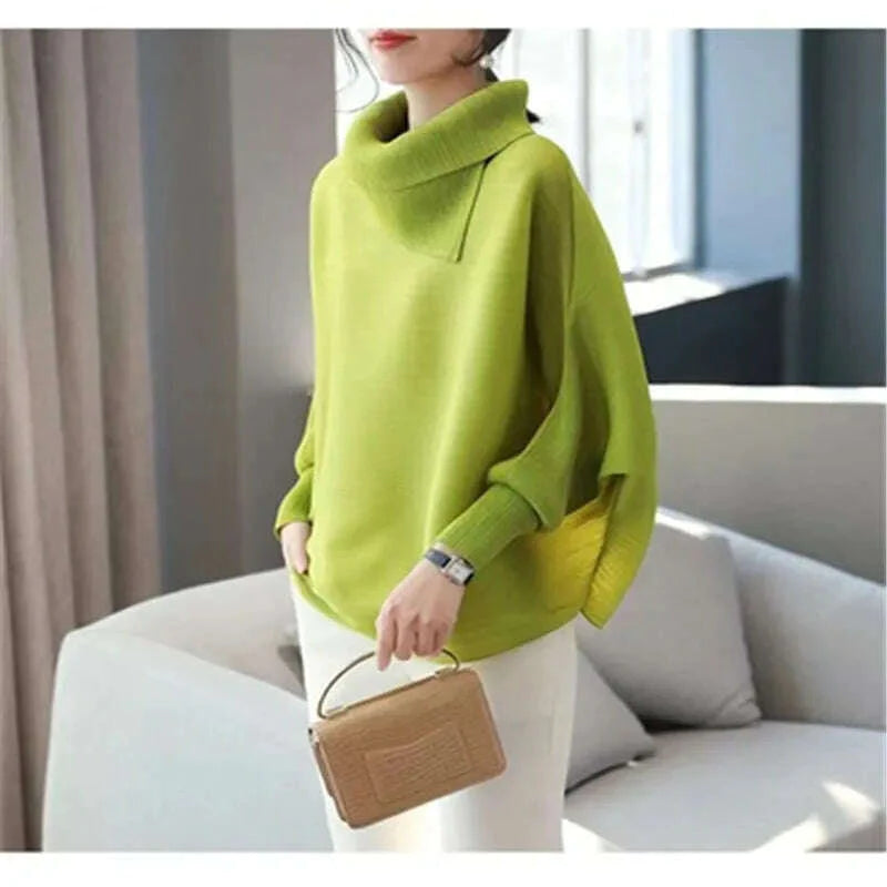 Miyake Folds Fashion Temperament Lapel Bat Sleeve Solid Color Shirt Loose and Thin Western Style All-match Age Reduction Female