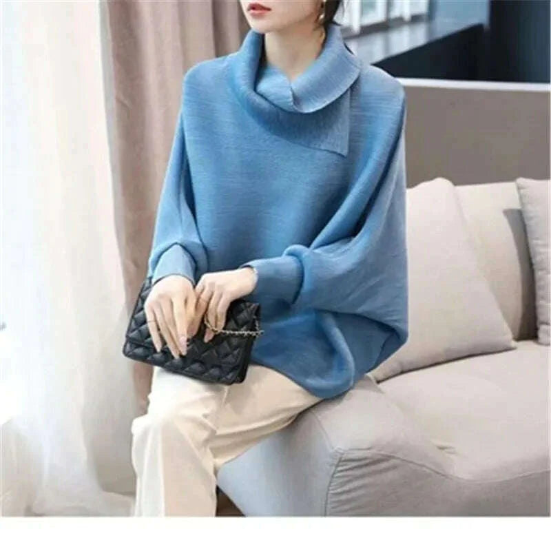 Miyake Folds Fashion Temperament Lapel Bat Sleeve Solid Color Shirt Loose and Thin Western Style All-match Age Reduction Female