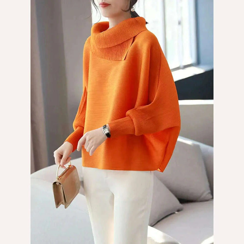 Miyake Folds Fashion Temperament Lapel Bat Sleeve Solid Color Shirt Loose and Thin Western Style All-match Age Reduction Female