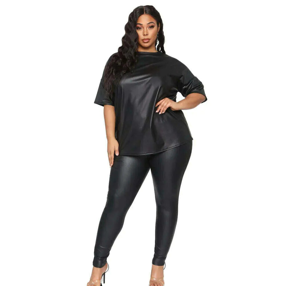 New Autumn / Winter Women Plus Size Two Piece Sets Pure Color O-neck Full Sleeve Sweatshirts + Skinny Pencil Pants PU Outfits