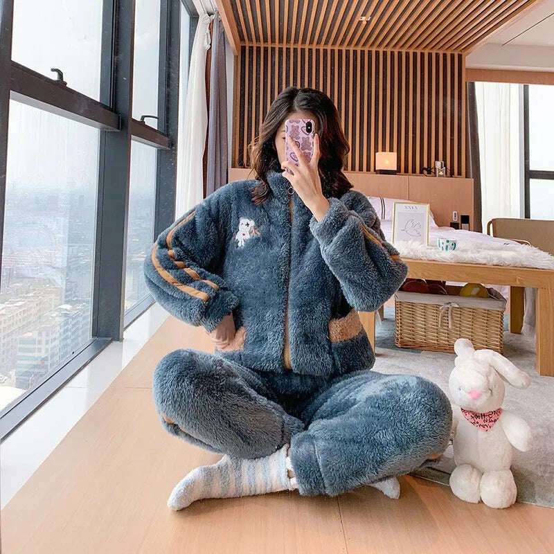 Novelty Pajamas Winter Hooded Thick Flannel Pajamas Set Fat Laides Velvet Nightwear Sweatshirt Warm Kawaii Home Clothes