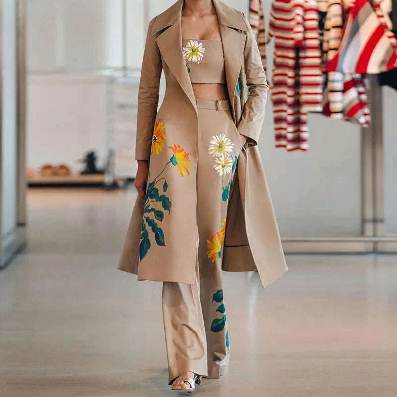 Office Lady Floral Print Straight 3 Piece Set 2021 Autumn Women's Matching Set Cool Long Sleeve Tops Wide Leg Pants Slim Outfits