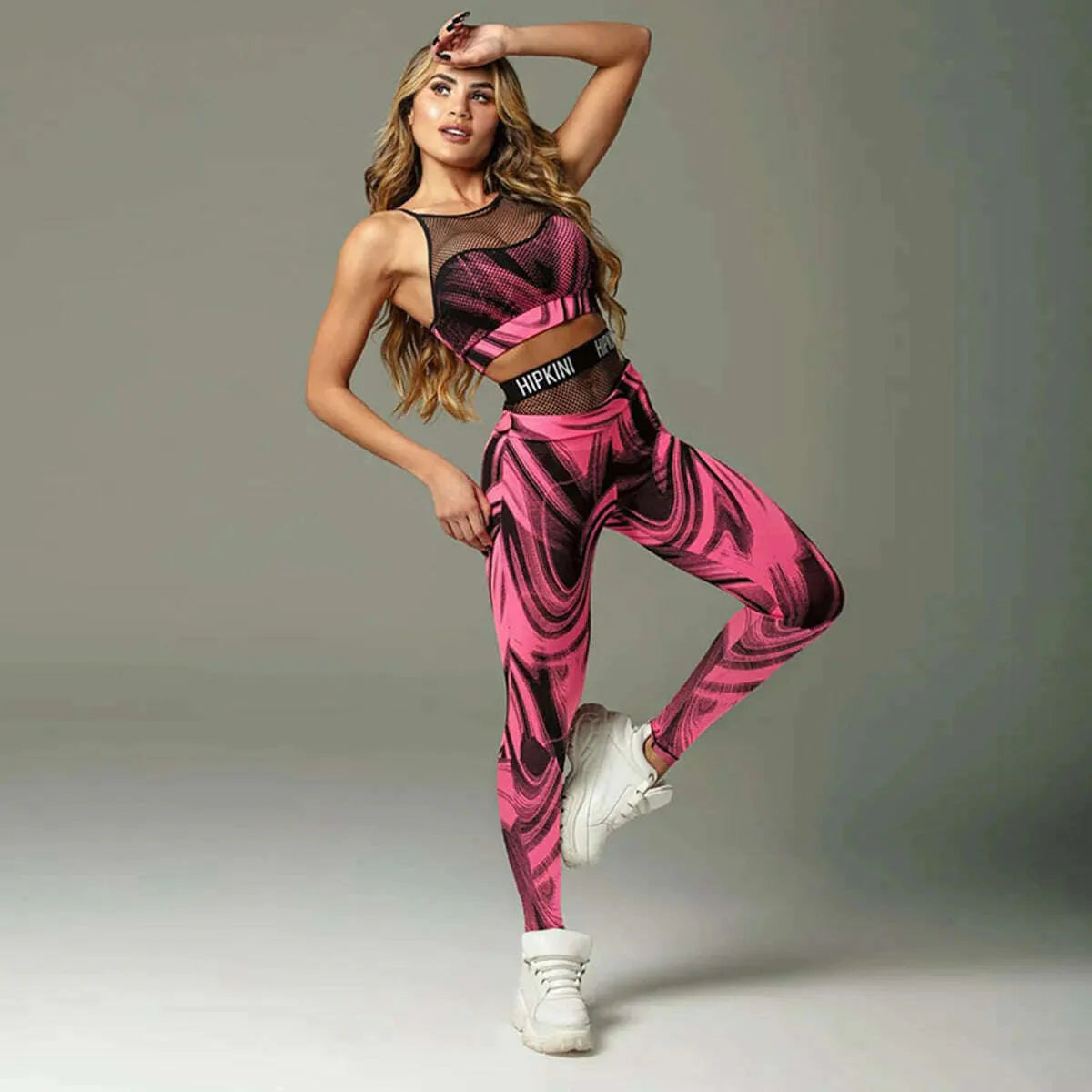 Oshoplive Female Sportswear Two Pieces Set Sports Red Printed Patchwork Mesh Tanks&Leggings Gym Yoga Suits for Women 2022 New